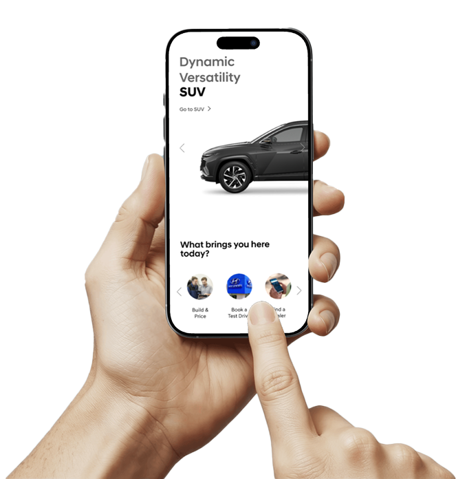 Hyundai vehicle browsing interface on an iPhone held in a hand