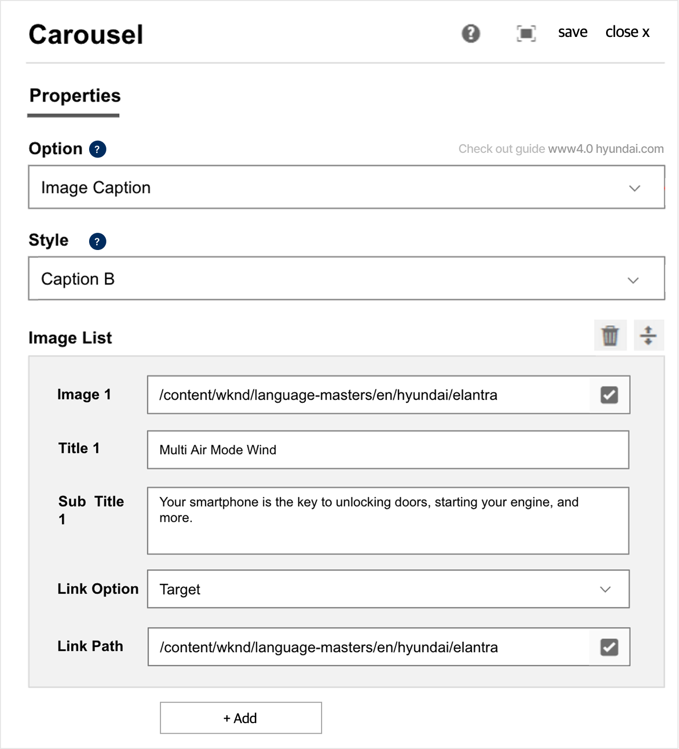 AEM carousel component configuration