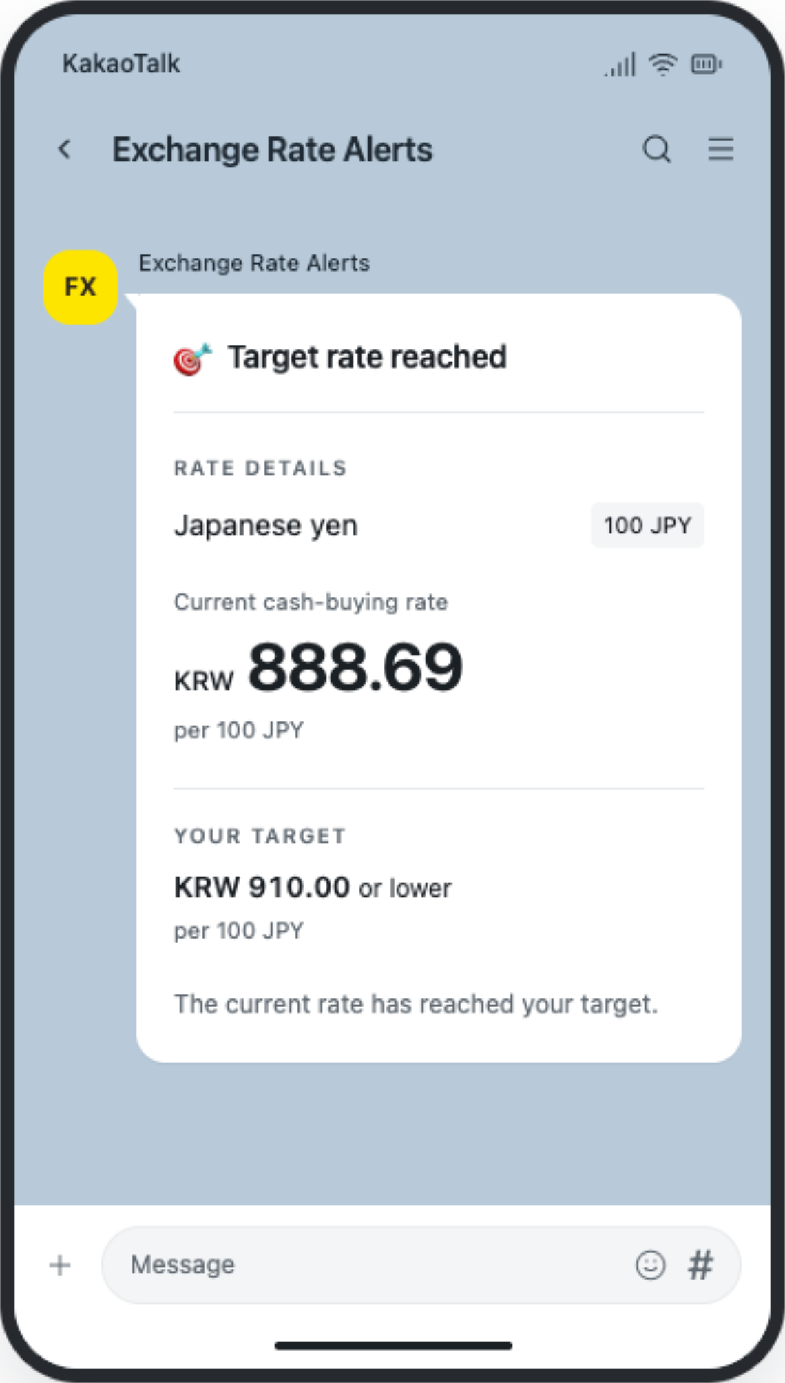 Currency alert delivered to chat